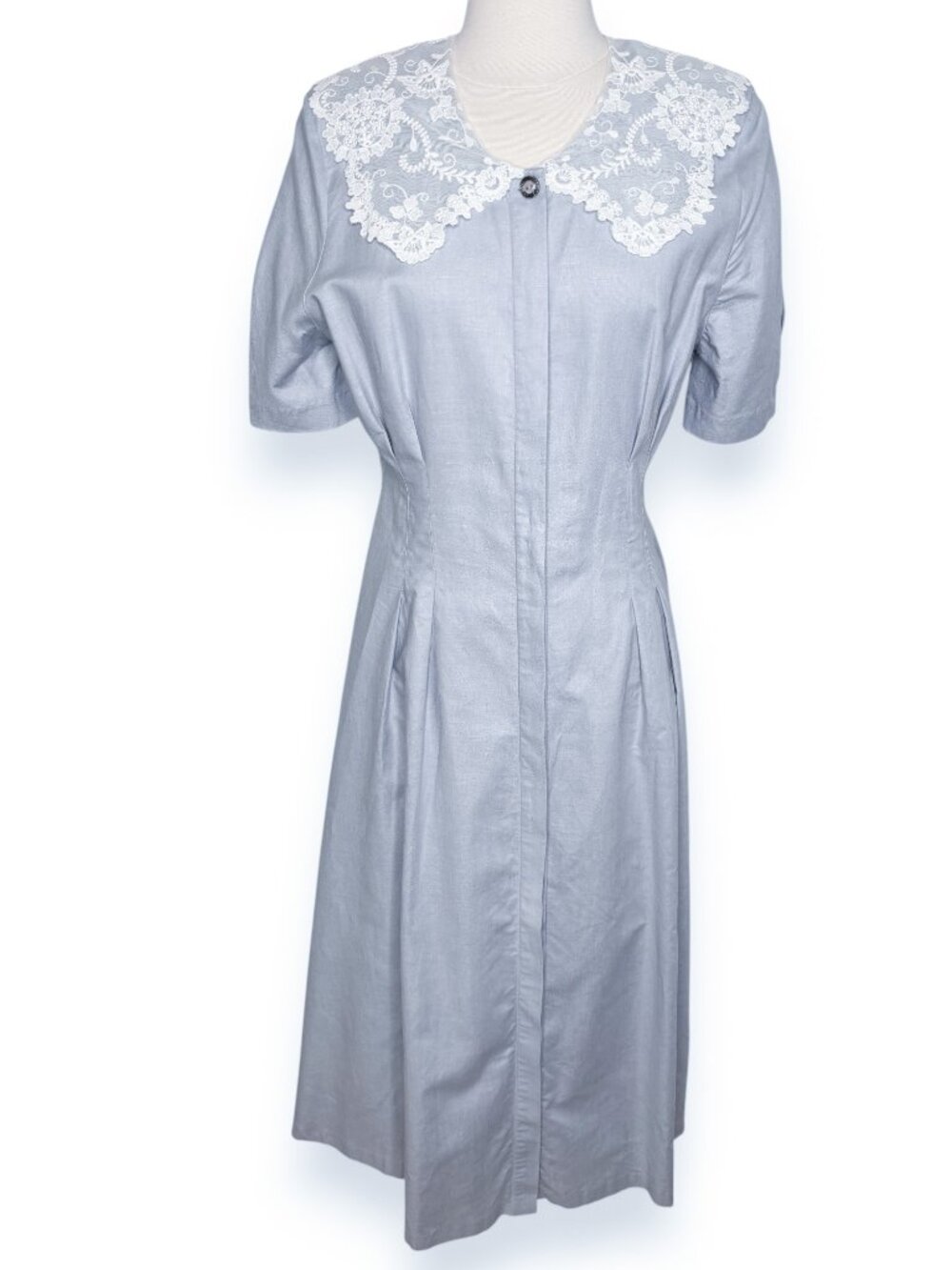 Vintage Laura Ashley Blue Linen Cotton Short Sleeve Lace Collar Dress Size 12